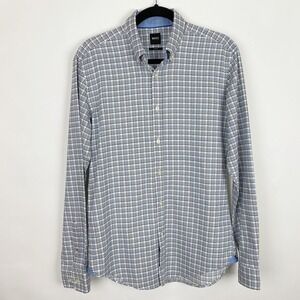 Hugo Boss Blue White Plaid Slim‎ Fit Button Down Dress Shirt Men Size M